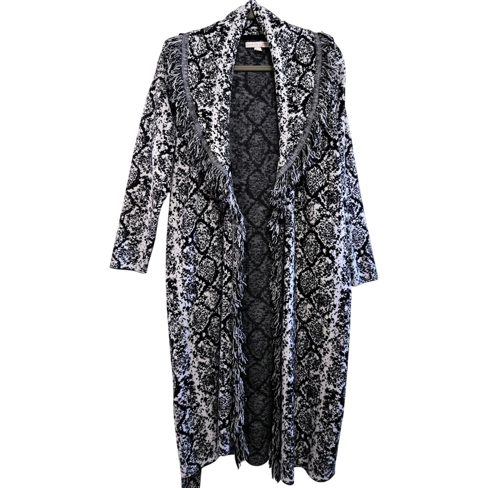 Culpos x INC‎ Snakeskin Fringe Duster Cardigan Sweater Black White Belted Long S